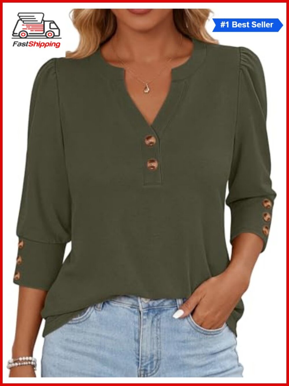 Women 3/4 Sleeve Henley Blouse Dressy Casual Tunic Top for Work